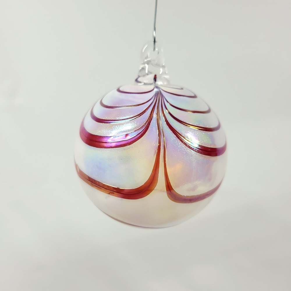 Vintage Hand Blown Glass Christmas Ornament Iridescent White Red Pulled Feather